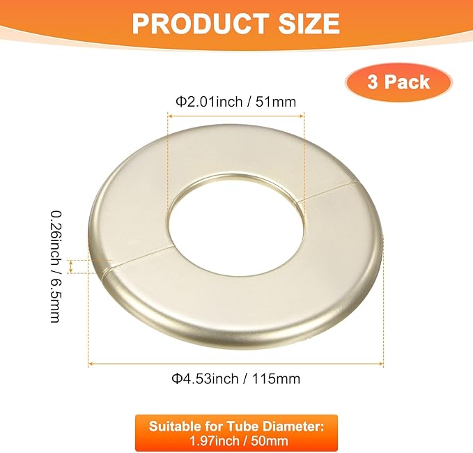 3-Pack Wall Split Flange, ABS Round Self-Adhesive Escutcheon Plate Cover Buckle for 50mm/1.97 in Dia Pipe Accessories/Floor/Ceiling, Plumbing Cover Plates [Gold,6.5mm/0.26in H]
