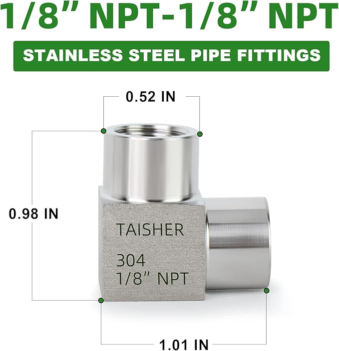 TAISHER 2PCS 304 Stainless Steel Square 90 Degree Barstock Street Elbow, 1/8 Inch NPT Female Pipe to 1/8 Inch NPT Female 304 Stainless Pipe Fitting