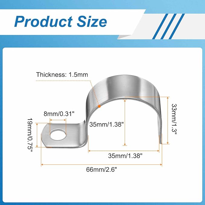 HARFINGTON 1-3/8 Inch Pipe Strap, 304 Stainless Steel Conduit Clip 10Pcs Single Hole Strap Clamp for Pipe Tube Cable Fixing (35mm, Silver)