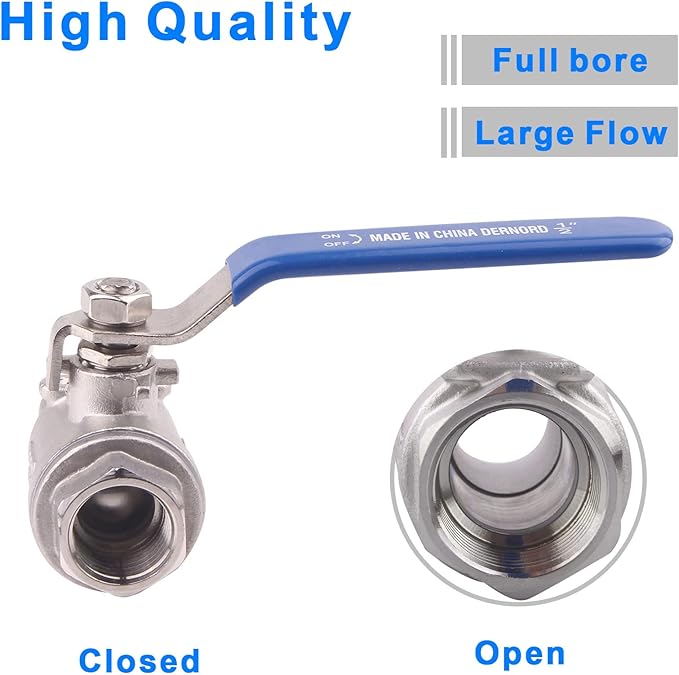 DERNORD Full Port Ball Valve Stainless Steel 304 Heavy Duty for Water, Oil, and Gas with Blue Locking Handles (1/2" NPT)