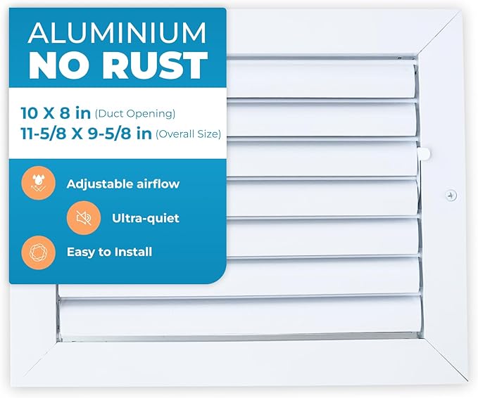 Aluminum 10 x 8 in (Duct Opening) 1-Way Air Duct Register Vent Cover for Ceiling and Wall - Modern HVAC Louver Vent Cover Adjustable – Durable Rustproof Wall Grille – Overall Size 11-5/8 x 9-5/8 Inch