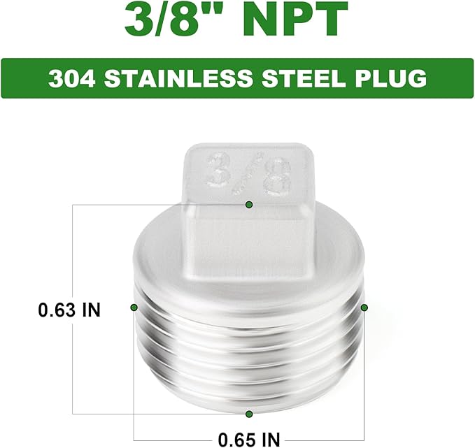 TAISHER 10PCS 304 Stainless Steel Outer Square Thread Socket Pipe Plug Fitting 3/8" NPT Male