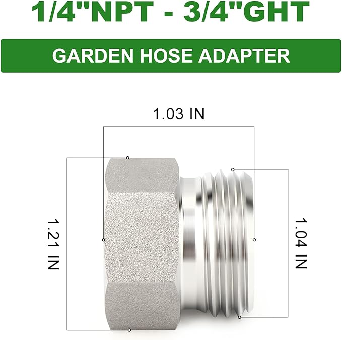 TAISHER 2PCS 304 Stainless Steel Garden Hose Adapter, Hex Bushing 3/4" GHT Male x 1/4" NPT Female Garden Hose Connector