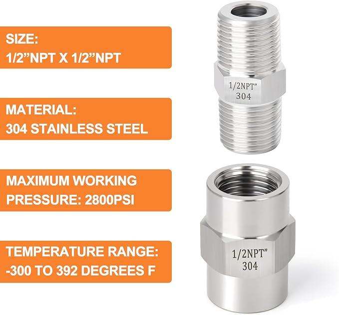 GASHER 4PCS 304 Stainless Steel Pipe Fitting, Hex Nipple Hex Coupling, 1/2" x 1/2" NPT Male Thread Pipe, 1/2Inch x 1/2Inch NPT Female Thread Pipe
