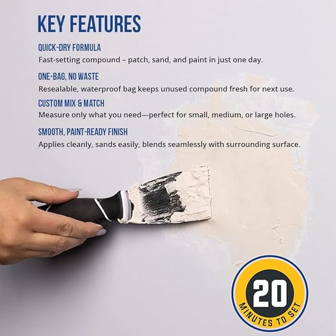 Drywall Repair Compound by SD Home, Fast-Drying Spackle Filler for Holes, Cracks & Wall Damage, Mix-As-Needed Dry Compound Putty, 2 lb. Resealable Bag, Perfect Drywall Hole Patch Solution
