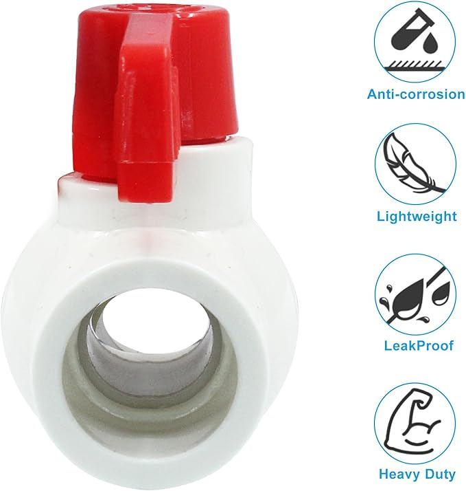 5 Pcs 1/2 Inch PVC Ball Valves, Water Shut Off Valves, 20mm Socket with Red T-Handle, Rated at 150 PSI Pipe Fittings for Swimming Pool, Plumbing & Irrigation Systems