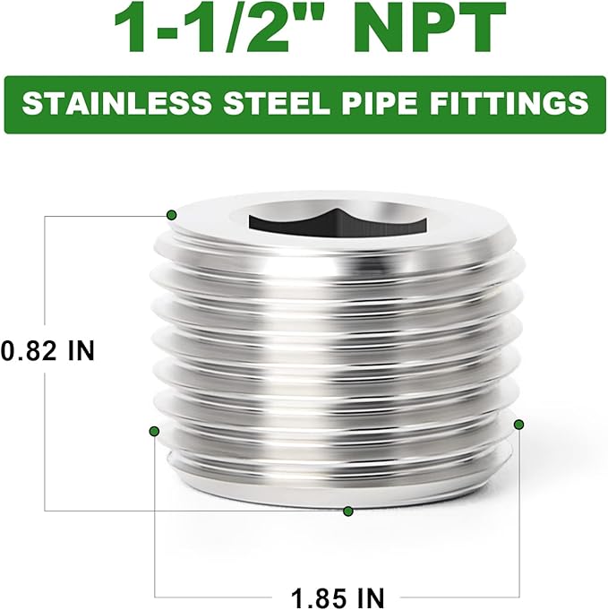 TAISHER 2PCS 304 Stainless Steel Internal Hex Thread Socket Pipe Plug Fitting 1-1/2" NPT Male