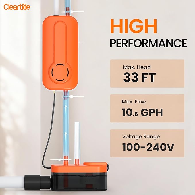 Cleartide Mini Split HVAC Condensate Pump, 10.6 GPH, 110V/240V, Automatic Safety Switch, AC Condensate Removal for Air Conditioner, Furnace, Dehumidifier