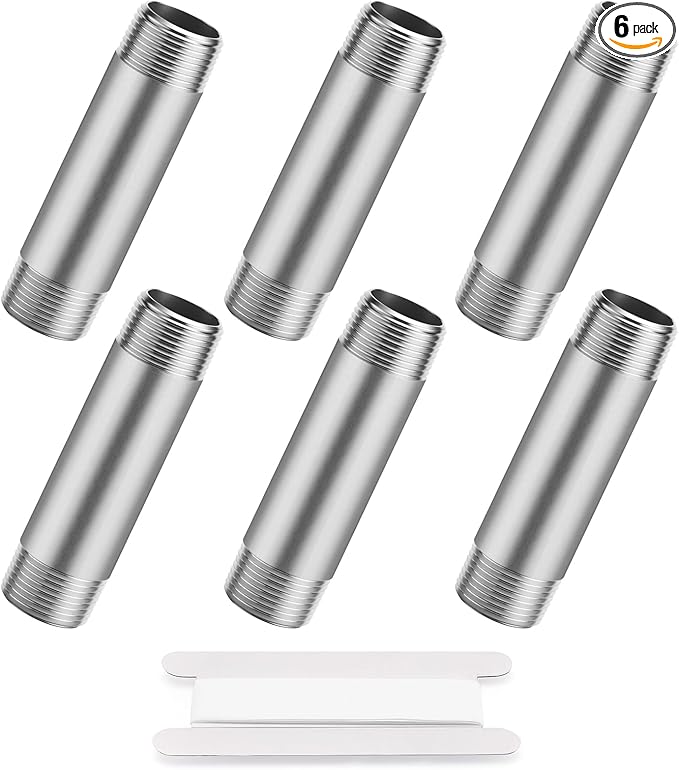3/4"x4" 304 Stainless Steel Pipe, 3/4" NPTx 3/4" NPT Male Threaded Nipple, SCH40 Heavy Duty Pre-Cut Steel Pipe for Plumbing Gas, Hydraulic, and Industrial Applications(4",6 Piece)