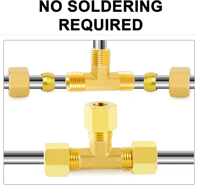 ChillWaves Brass Tee Compression Tube Fitting, 1/4" OD x 1/4" OD x 1/4" OD Compression Union Connector(5-PACK)
