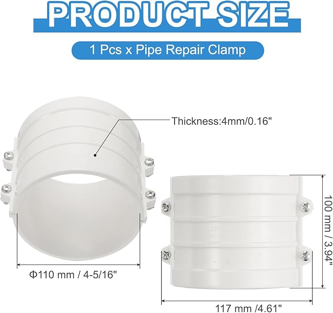 PATIKIL 4-5/16" Water Pipe Repair Clamp PVC Leak Sealer for OD 110mm PE/PPR/Pipes and Plumbing (Length 3.9 Inch), White