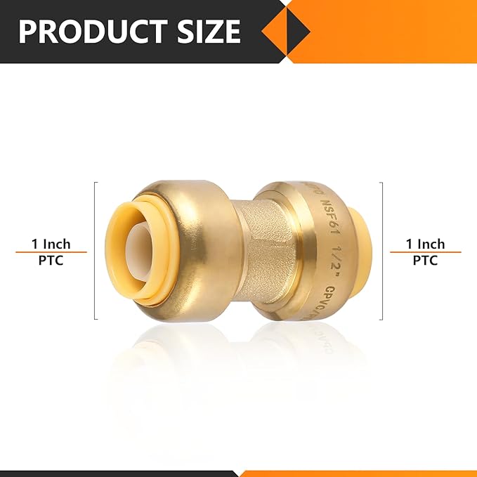 50-Pack HeSun Pushfit Coupling, 1" x 1" Push to Connect Plumbing Fittings with Disconnect Clip, Brass Push-fit Fittings for PEX, Copper, CPVC, PE-RT Pipes(PF009-50)
