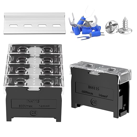 4Pcs DIN Rail Terminal Blocks with Cover, IN-411S 600V 60A Electrical Connection Terminals, 8Pcs 14-12 AWG Insulated Fork Spade Wire Connectors & 3.15 Inch DIN Rail Included