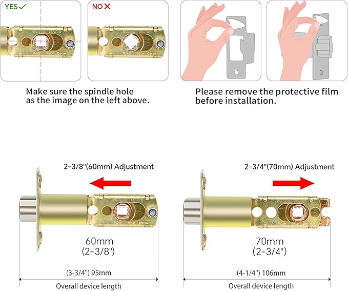 Entry Door Lock Latch Deadlatch Bolt deadbolt Latch Adjustable 2-3/8" or 2-3/4" Size 60/70mm Fit 45° Rotating Angle Door Lock and Lever Door (2, 45D)