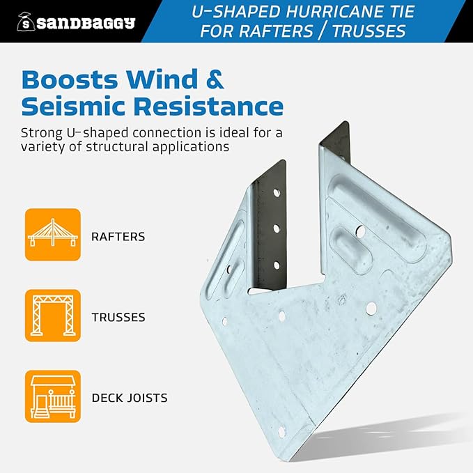 Sandbaggy U-Shaped Hurricane Tie - Hot Dipped Galvanized, 18 Gauge - Structural Wood Framing Connectors for Rafters, Trusses, Deck Joists (U-Shaped, 50, Count)