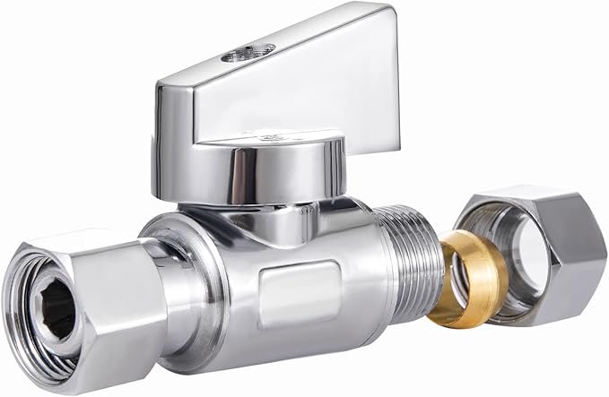 1 Pack Lead-Free Brass Angle Stop Valve 3/8" Comp FIP x 3/8 Inch Compression MIP Quarter Turn Water Straight Valve Chrome For Kitchen,Bathroom Faucet