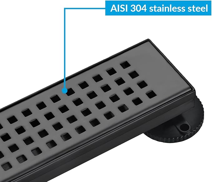 24 Inch Removable Cover Linear Shower Drain 304 Stainless Steel Rectangular Floor Drain for Kitchen Bathroom Square Hole Drain with Accessories Hair Strainer Adjustable Leveling Feet (Matte Black)