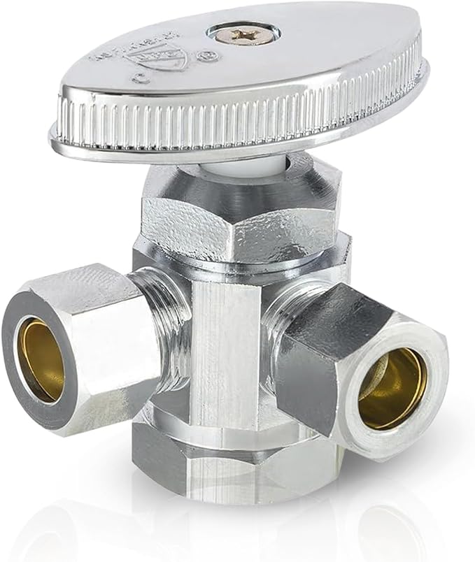 EFIELD Dual Compression Outlet Multi-Turn Angle Stop Valve,1/2" Fip Iron Pipe x (3/8 inch x 3/8 inch),Chrome Plated Brass (1),(VALVE162)