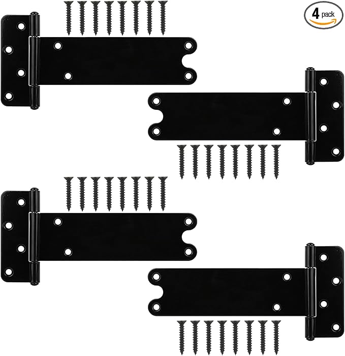8 in T-Strap Shed Door Hinges 180 Lbs Capacity, 4 Pack Heavy Duty Gate Hinge, Tee-Gate Hinges, Gate Strap Hinges, Black Wrought Hardware for Wooden Fences, Barn Door (Black, 8 in -4 pcs)