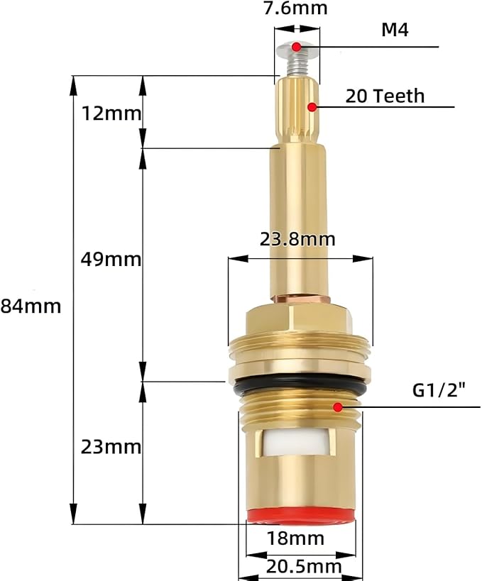 Brass Ceramic Disc Faucet Cartridge Replacement，Quarter Turn G1/2"X 84 mm 20 Teeth Faucet Valve Replacement for Bathroom Kitchen Sink Bathtub Tap Valve Cartridge，1 Pair Hot & Cold (84 mm)