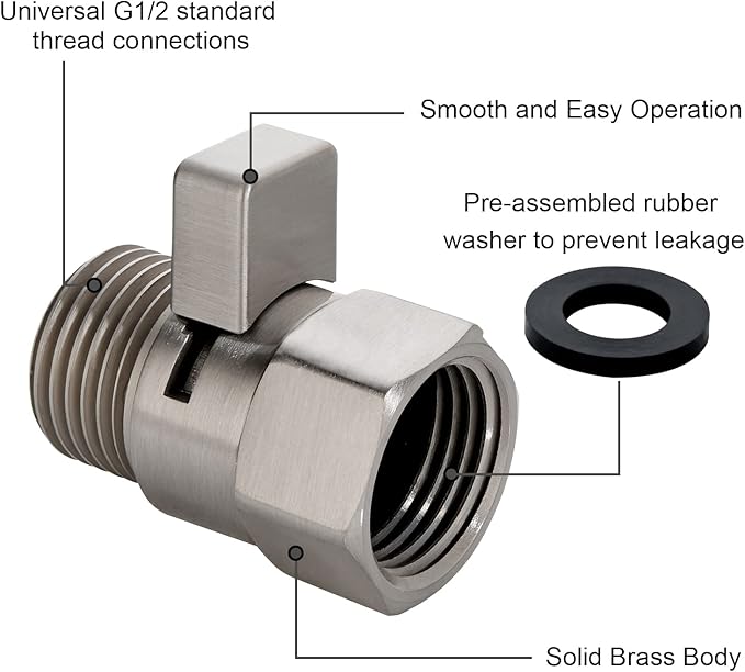 BRIGHT SHOWERS Water Flow Control Valve, Brass Shower Valve with Handle Lever, Flow Regulator Water-Saver Volume, Brushed Nickel