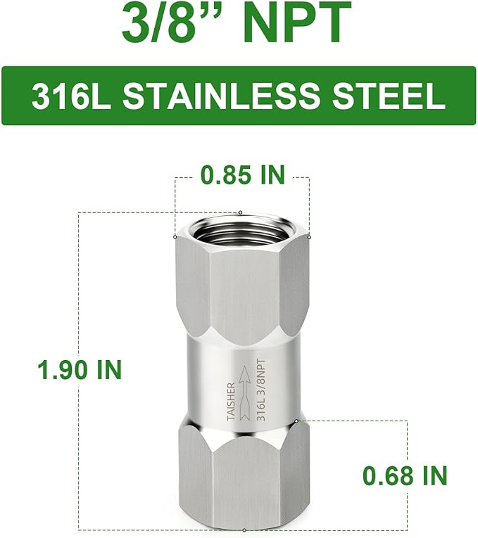 TAISHER 1PCS 316L Stainless Steel 3/8" NPT Female Check Valve,Backflow Prevention,One Way Non-Return Check Valves