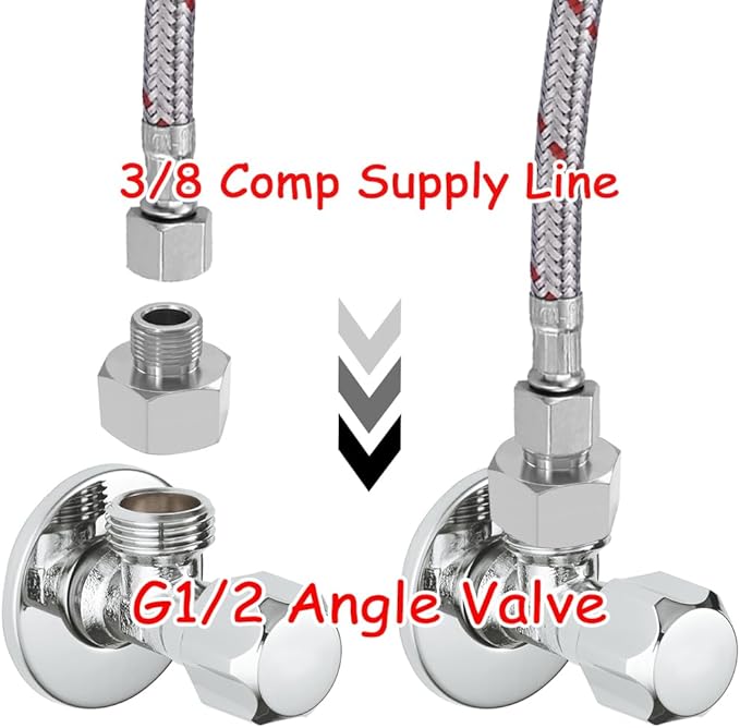 3PCS Water Line Adapter, 1/2" Female to 3/8" Male Reducer Connector, Brass Nickel Plating Compression Fitting for Kitchen Bathroom Faucet Supply Line Hose Stop Valve with Rubber Washer