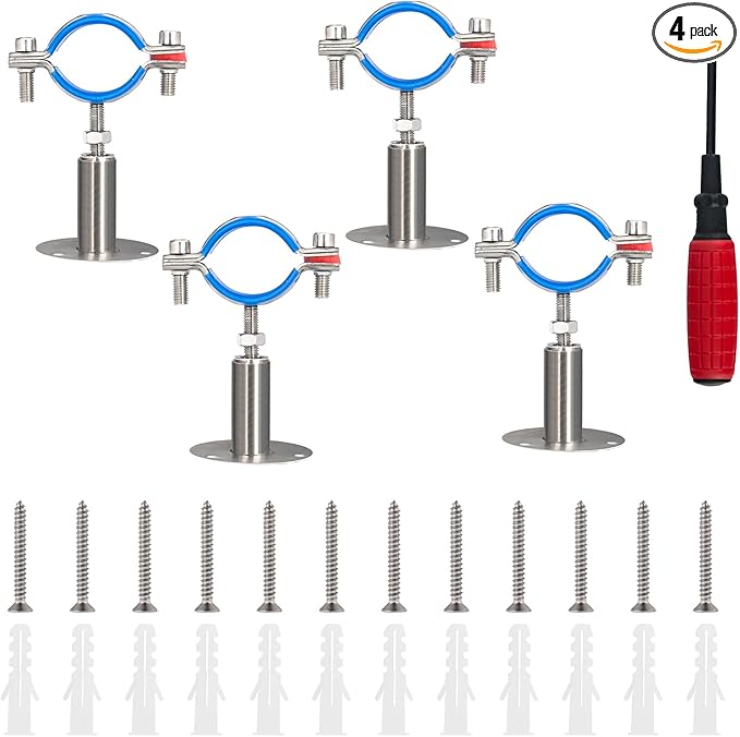 Kodilin 4PCS 304 Stainless Steel Wall Mount Ceiling Mount Pipe Supports,Suitable for OD Pipe 1"(32-34mm),Adjustable Height 30-50mm,Adjustable Pipe Strap Clamp with Screws