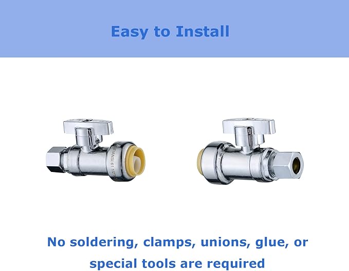 (10-Pack) Cyrret Push Fit Valve 1/2 inch Push × 3/8 Inch Compression No Lead Brass Straight Angle Stop Shut off Valve 1/4 Quarter Turn, Push-to-Connect PEX, Copper, CPVC (Disconnect Clip Included)