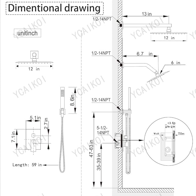 Shower Faucet Set Matte Black Shower System, Knob Switch Diverter Shower Faucet with High Pressure Handheld Spray, Wall Mount 12 Inch Shower Head with 6 Inch Wall Mount Shower Head