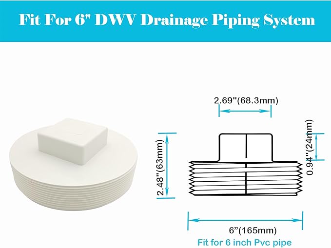 (2-Pack) PVC Cleanout Plug, 6" Inch NPT Male Threaded Flush Sewer Cleanout Cap Cover Adapter PVC DWV Pipe Fitting Attached to Sewer and Drain Pipe for Plumbing Drainage Piping Systems