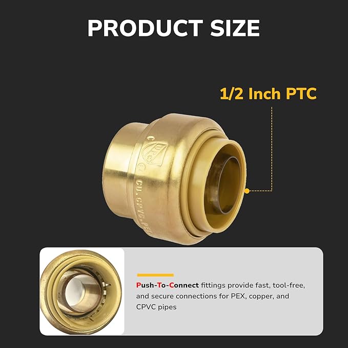 1/2" Push Fit End Cap, Push to Connect Brass Plumbing Fitting for PEX, Copper, CPVC Pipe, Heavy Duty Push Cap Fitting with Upgraded Stiffener and Disconnect Clip, NSF & UPC Certified, 4 Pack