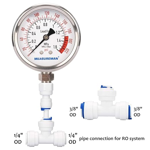 MEASUREMAN Lead-Free Glycerin Filled Reverse Osmosis Pressure Gauge, Purified Water Pressure Gauge, 2-1/2" Dial Size 1/4" Lower Mount, 0-220Psi/Mpa, with PU Tube Connection