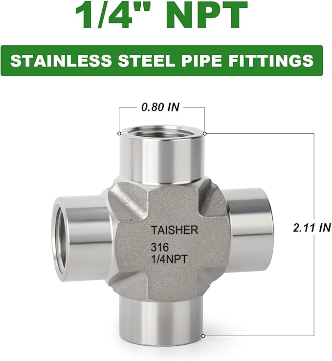 TAISHER 1PCS Forging of 316L Stainless Steel 4 Way Pipe Fittings, 1/4" x 1/4" x 1/4" x 1/4" NPT Female Pipe Fittings