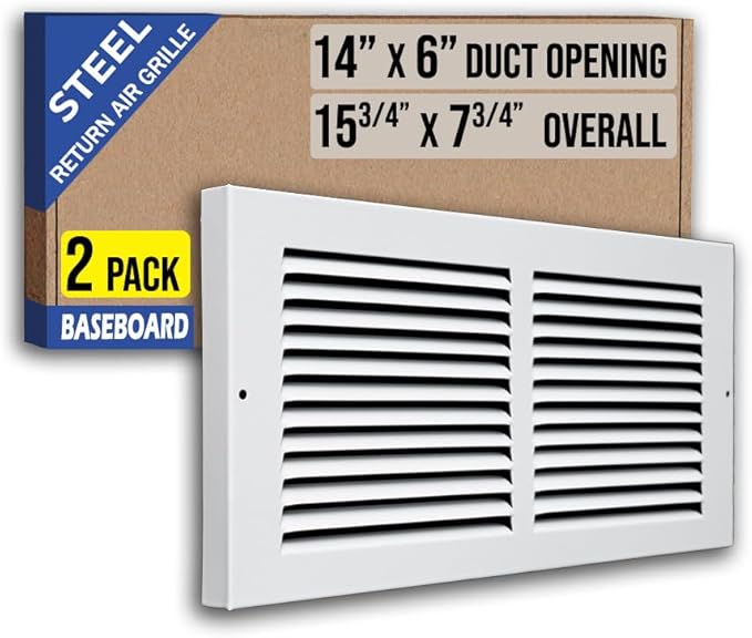 [2 Pack] Fits 14x6 Duct Opening | Steel Baseboard Return Air Grille by Handua | Vent Cover Grill | 7/8" Margin Turnback [Depth] to Fit Baseboard | White | Outer Dimensions: 15.75"W X 7.75 "H