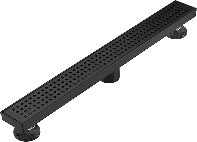 Linear Shower Floor Drain, Matte Black 24 Inch 304 Stainless Steel Bathroom Drains Kit, Long Rectangular Shower Trench Drain with Square Pattern Drain Cover & Hair Catcher