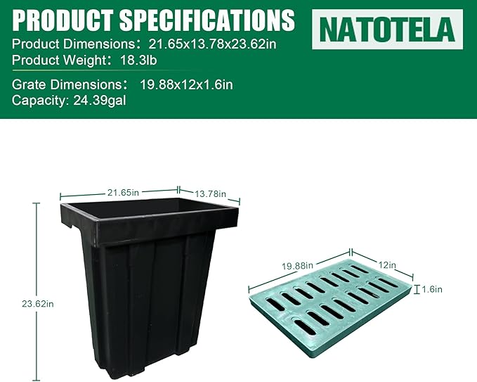 Catch Basin for Drainage with Fiber Glass Grate-22x14x24 in. Large Drainage Basin with Debris Basket,A15 French Drain Basin Without Reserved Hole for Yard,Downspout,Lawn,Municipal Pipeline