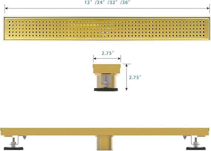 Linear Shower Drain, 60 inch Gold Drain with Removable Grate Cover, Brushed 304 Stainless Steel Shower Floor Drain, Linear Drain with Hair Strainer and Adjustable Feet