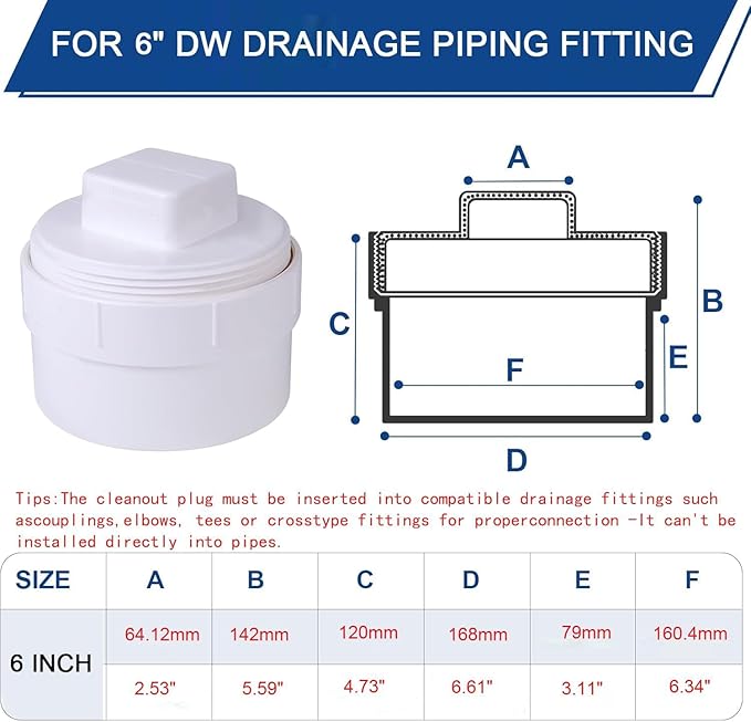 6" PVC Sewer Cleanout cap,DWV Flush Sewer Cleanout Adapter with Plug for Drainage Pipe Fitting