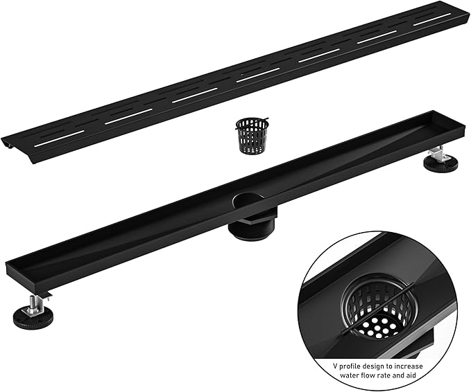 Linear Shower Drain 28" Matte Black 304 Stainless Steel | with Drain Grate| Fast Drainage | Stainless Floor Drain Grate | Hair Strainer | Drain Key | The Upgrade for Your Bathroom