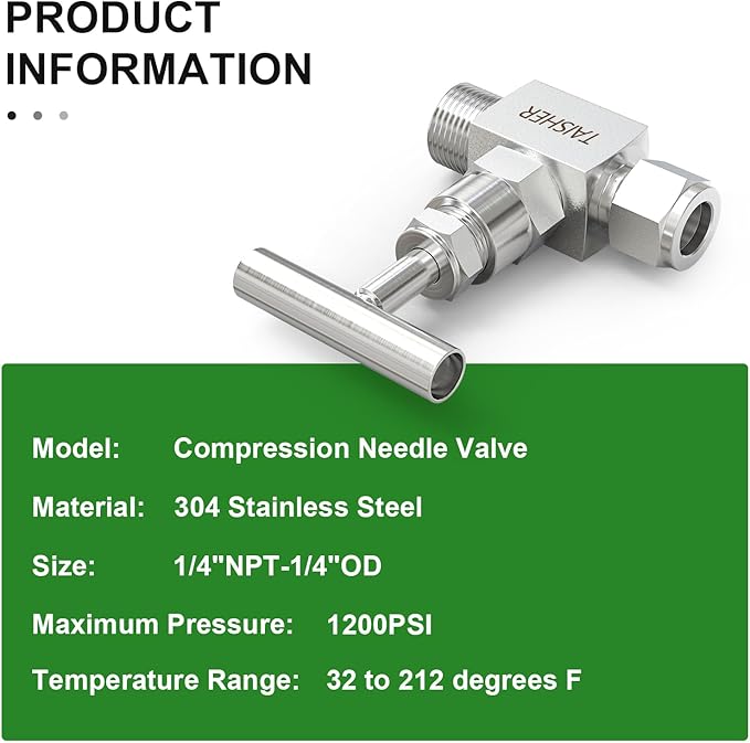 TAISHER 1PCS 304 Stainless Steel High Pressure Straight Needle Valve 1/4" NPT Male x 1/4" Tube OD For Flow Control Water Gas Oil