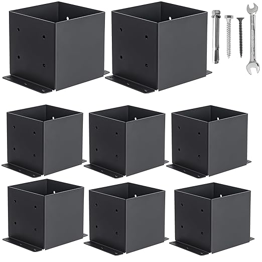 6x6 Post Base 8 Pcs, (Inner Size 5.6x5.6) Post Brackets Kit, Heavy Duty Black Metal Powder-Coated Post Anchor Outdoor Framing Module Fit for Support Deck Base Plate Pergola Brackets Fence Kit