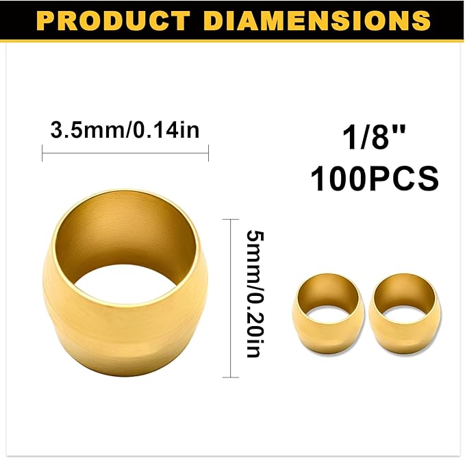 Siptenk 100PCS Brass Compression Sleeves Ferrules for Tube OD 1/8", Hose Compression Fitting Brass Ferrule for DOT Air Brake Lines, Water, Fuel, Oil