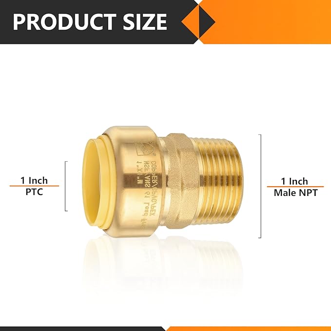 HeSun 10-Pack Pushfit Male Adapter, 1" MNPT x 1" Push to Connect Plumbing Fittings with Disconnect Clip, Brass Push-fit Fittings for PEX, Copper, CPVC, PE-RT Pipes