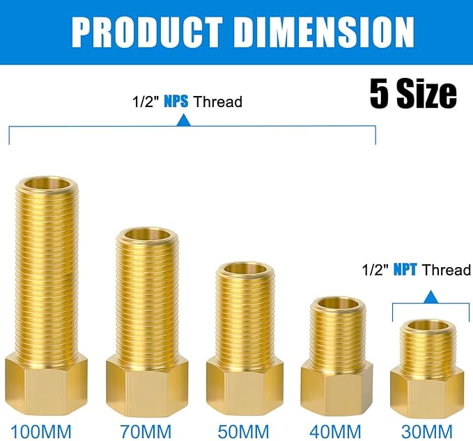 1/2" Brass Pipe Fitting, 1/2" Female to 1/2" Male Pipe Extension Fittings Connector for Tub Spout/Shower, Hex Bushing Converter Adapter, Length 30MM/40MM/50MM/70MM/100MM (5pcs) with Teflon Tape (2pcs)