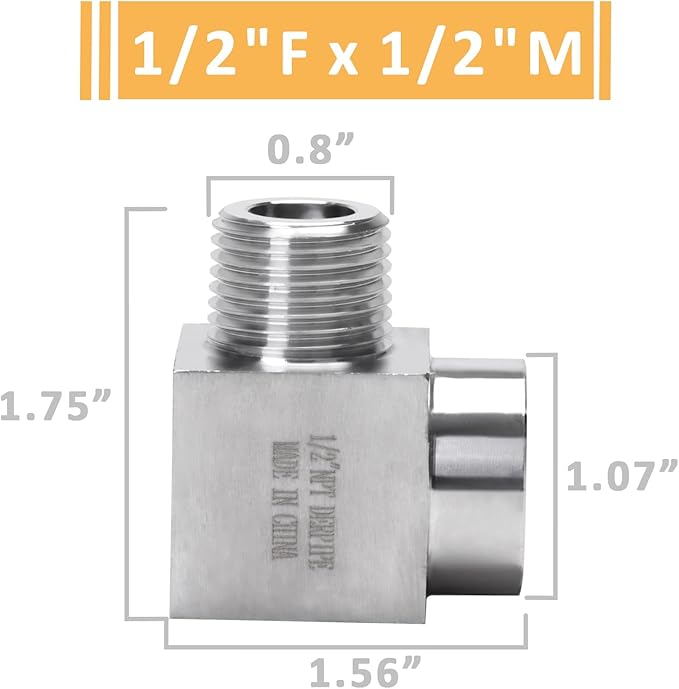 90 Degree Street Elbow - 1/2" NPT Male to 1/2" NPT Female Stainless Steel 304 Heavy Duty Forged Square Barstock Street Elbow Adapter Pipe Fitting (pack of 2)