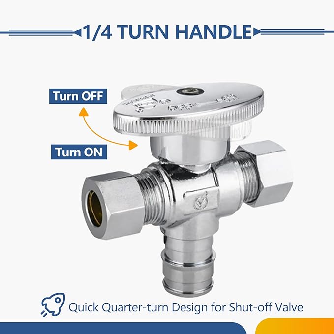 20-Pack GUOFIS PEX-A Angle Stop Valve with Dual Compression Outlet,1/2" PEX-A Expansion Inlet x (3/8" x 3/8") Outlet Shut-off Valves(1/4 Turn,Chrome)(VALVE128-20Pack)