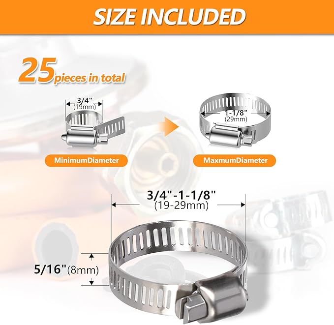 25 Pack Worm Gear Hose Clamp, Adjustable from 3/4 Inch to 1-1/8 Inch (19-29mm) Stainless Steel Fuel Line Hose Clamps, Metal Fuel Line Hose Clamps for Automotive Plumbing And Mechanical Application