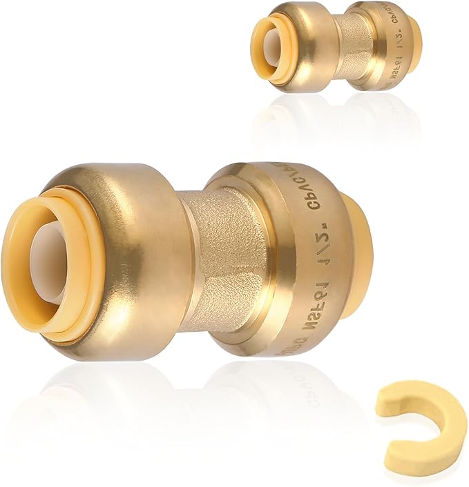 50-Pack HeSun Pushfit Coupling, 1" x 1" Push to Connect Plumbing Fittings with Disconnect Clip, Brass Push-fit Fittings for PEX, Copper, CPVC, PE-RT Pipes(PF009-50)