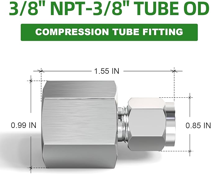 TAISHER 5PCS 304 Stainless Steel Compression Tube Pipe Fitting Connector, 3/8" Tube OD x 3/8" NPT Female Straight Adapter